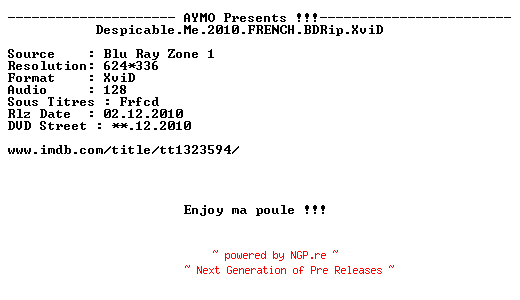 NFO for the release Despicable.Me.2010.FRENCH.BDRip.XviD-AYMO by AYMO