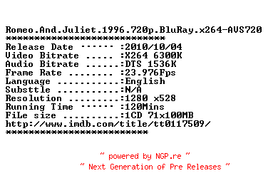 NFO for the release Romeo.And.Juliet.1996.720p.BluRay.x264-AVS720 by AVS720