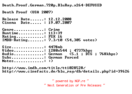 NFO for the release Death.Proof.German.720p.BluRay.x264-DEFUSED by DEFUSED