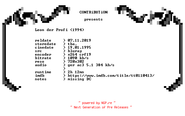 NFO for the release Leon.der.Profi.1994.Remastered.DC.German.BDRip.x264.DiRFiX-CONTRiBUTiON by CONTRiBUTiON