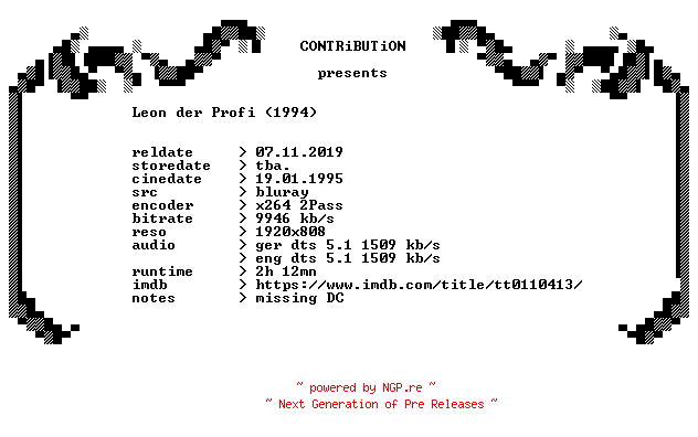NFO for the release Leon.der.Profi.1994.Remastered.DC.German.DL.1080p.BluRay.x264.DiRFiX-CONTRiBUTiON by CONTRiBUTiON