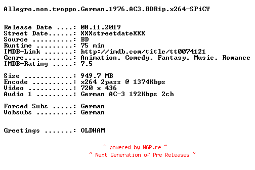 NFO for the release Allegro.non.troppo.German.1976.AC3.BDRip.x264-SPiCY by SPiCY