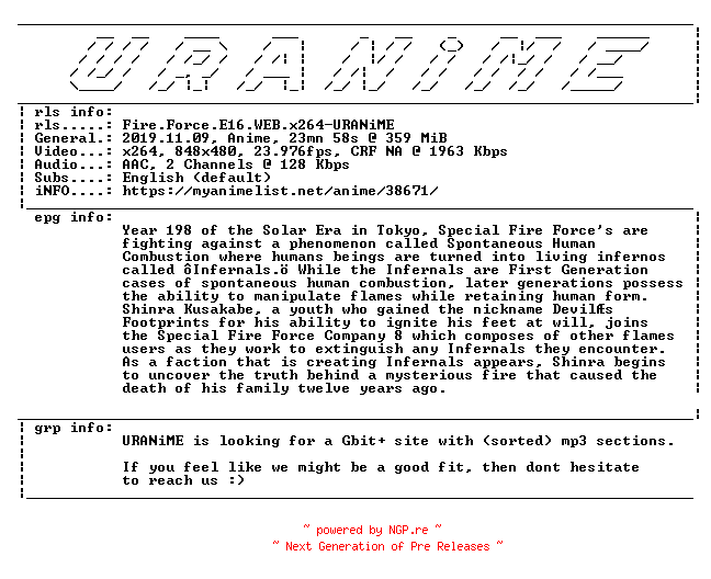 NFO for the release Fire.Force.E16.WEB.x264-URANiME by URANiME