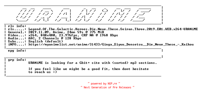 NFO for the release Legend.Of.The.Galactic.Heroes.Die.Neue.These.Seiran.Three.2019.E01.WEB.x264-URANiME by URANiME