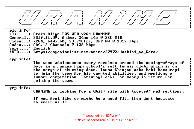 NFO for the release Stars.Align.E05.WEB.x264-URANiME by URANiME