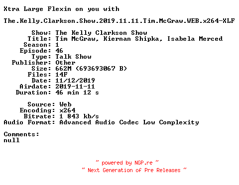 NFO for the release The.Kelly.Clarkson.Show.2019.11.11.Tim.McGraw.WEB.x264-XLF by XLF