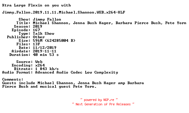 NFO for the release Jimmy.Fallon.2019.11.11.Michael.Shannon.WEB.x264-XLF by XLF