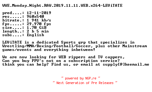 NFO for the release WWE.Monday.Night.RAW.2019.11.11.WEB.x264-LEViTATE by LEViTATE