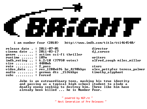 NFO for the release Ich.bin.Nummer.Vier.German.720p.BluRay.x264-BRiGHT by BRiGHT