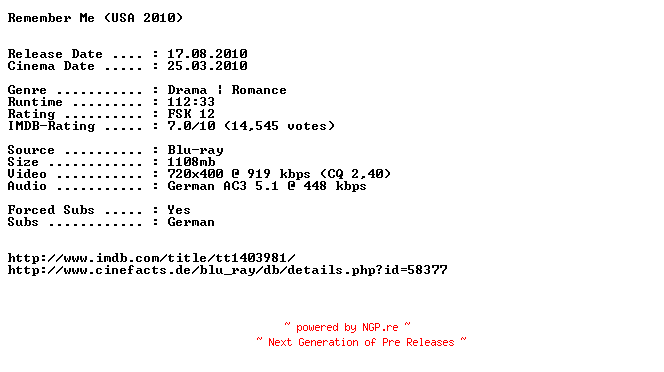 NFO for the release Remember.Me.German.AC3.BDRip.XviD-EXQUiSiTE by EXQUiSiTE