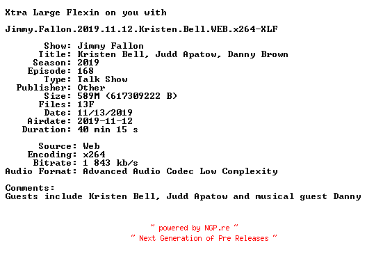 NFO for the release Jimmy.Fallon.2019.11.12.Kristen.Bell.WEB.x264-XLF by XLF