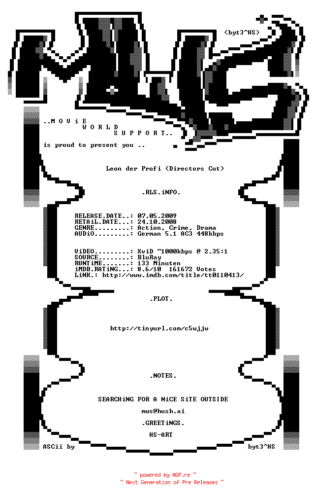 NFO for the release Leon.der.Profi.Directors.Cut.GERMAN.1994.AC3.BDRiP.XviD.iNTERNAL-MWS by MWS