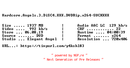 NFO for the release Hardcore.Angels.3.DiSC4.XXX.DVDRip.x264-SUCKXXX by SUCKXXX