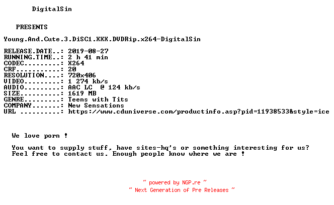 NFO for the release Young.And.Cute.3.DiSC1.XXX.DVDRip.x264-DigitalSin by DigitalSin