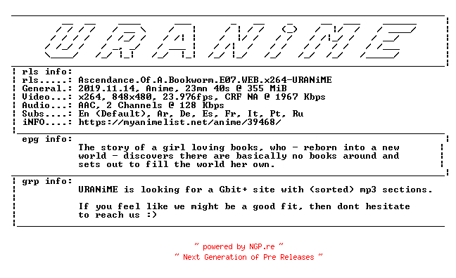 NFO for the release Ascendance.Of.A.Bookworm.E07.WEB.x264-URANiME by URANiME