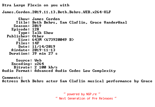 NFO for the release James.Corden.2019.11.13.Beth.Behrs.WEB.x264-XLF by XLF