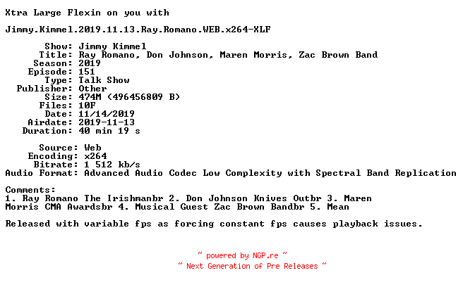 NFO for the release Jimmy.Kimmel.2019.11.13.Ray.Romano.WEB.x264-XLF by XLF