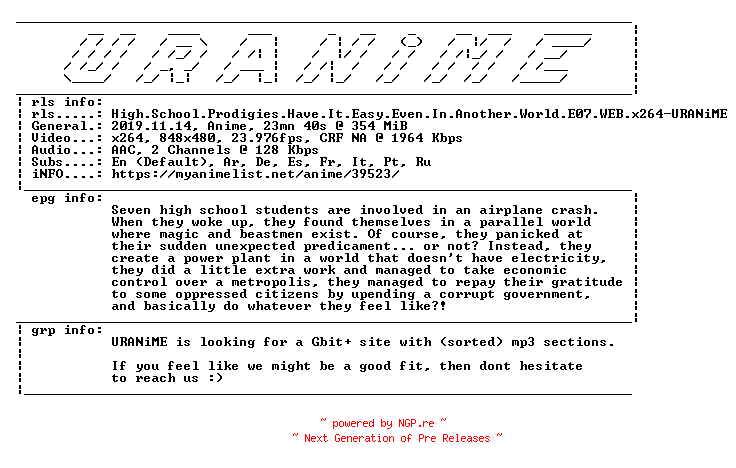 NFO for the release High.School.Prodigies.Have.It.Easy.Even.In.Another.World.E07.WEB.x264-URANiME by URANiME