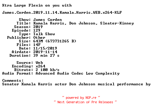 NFO for the release James.Corden.2019.11.14.Kamala.Harris.WEB.x264-XLF by XLF