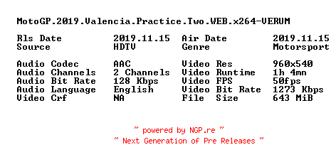 NFO for the release MotoGP.2019.Valencia.Practice.Two.WEB.x264-VERUM by VERUM