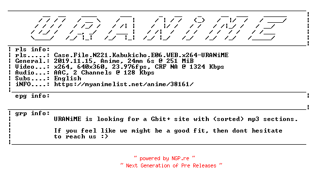 NFO for the release Case.File.N221.Kabukicho.E06.WEB.x264-URANiME by URANiME
