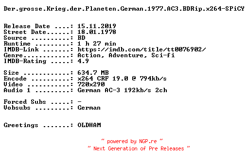 NFO for the release Der.grosse.Krieg.der.Planeten.German.1977.AC3.BDRip.x264-SPiCY by SPiCY