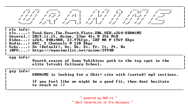 NFO for the release Food.Wars.The.Fourth.Plate.E06.WEB.x264-URANiME by URANiME