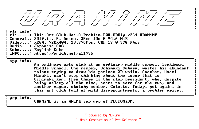 NFO for the release This.Art.Club.Has.A.Problem.E08.BDRip.x264-URANiME by URANiME