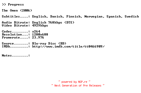 NFO for the release The.Omen.2006.DVD5.720p.BluRay.x264-PROGRESS by PROGRESS