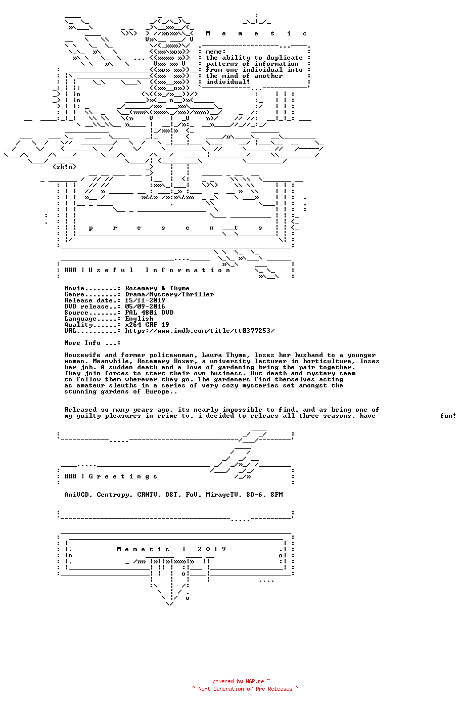 NFO for the release Rosemary.And.Thyme.S02.E06.DVDRip.x264.iNTERNAL-MEMETiC by MEMETiC