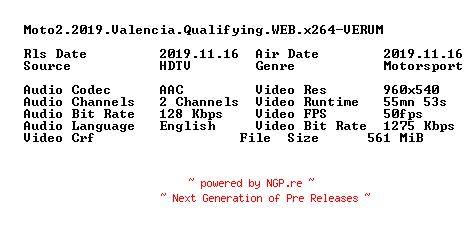 NFO for the release Moto2.2019.Valencia.Qualifying.WEB.x264-VERUM by VERUM