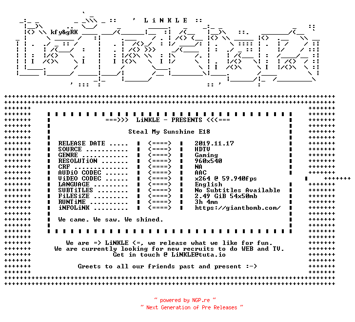 NFO for the release Steal.My.Sunshine.E18.WEB.x264-LiNKLE by LiNKLE