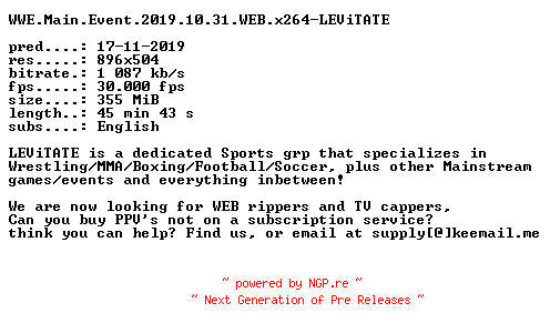 NFO for the release WWE.Main.Event.2019.10.31.WEB.x264-LEViTATE by LEViTATE