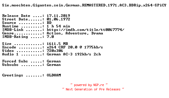 NFO for the release Sie.moechten.Giganten.sein.German.REMASTERED.1971.AC3.BDRip.x264-SPiCY by SPiCY