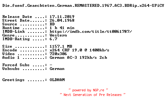 NFO for the release Die.fuenf.Geaechteten.German.REMASTERED.1967.AC3.BDRip.x264-SPiCY by SPiCY