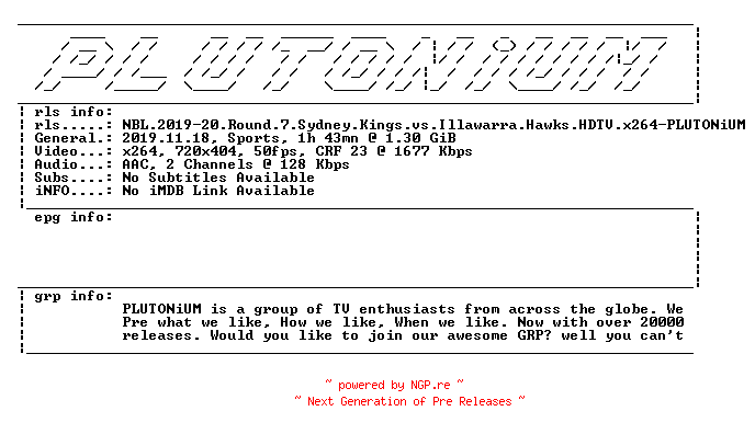 NFO for the release NBL.2019-20.Round.7.Sydney.Kings.vs.Illawarra.Hawks.HDTV.x264-PLUTONiUM by PLUTONiUM
