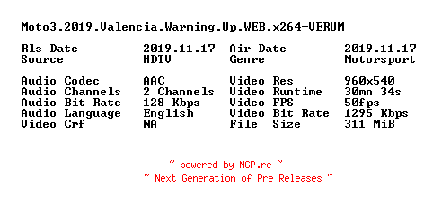 NFO for the release Moto3.2019.Valencia.Warming.Up.WEB.x264-VERUM by VERUM