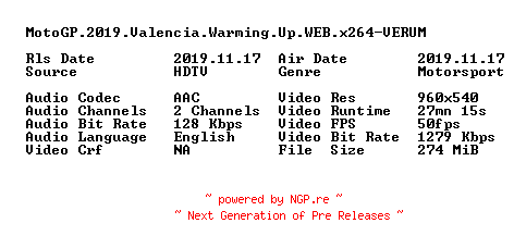 NFO for the release MotoGP.2019.Valencia.Warming.Up.WEB.x264-VERUM by VERUM