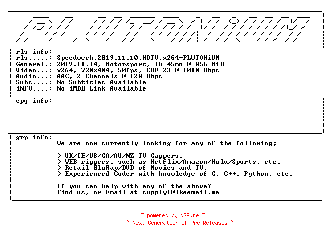 NFO for the release Speedweek.2019.11.10.HDTV.x264-PLUTONiUM by PLUTONiUM