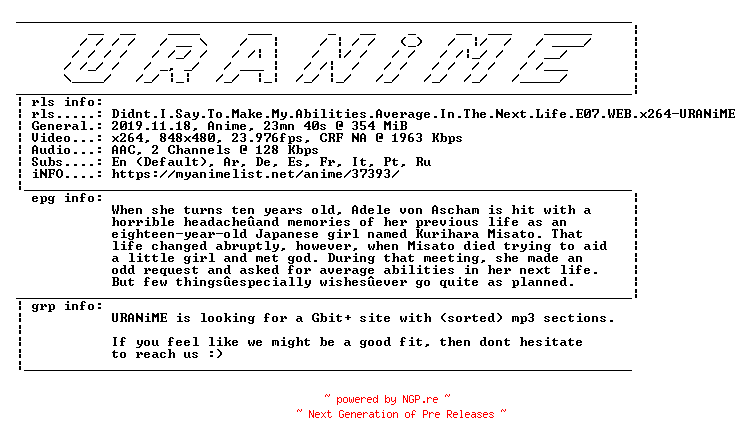 NFO for the release Didnt.I.Say.To.Make.My.Abilities.Average.In.The.Next.Life.E07.WEB.x264-URANiME by URANiME