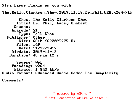 NFO for the release The.Kelly.Clarkson.Show.2019.11.18.Dr.Phil.WEB.x264-XLF by XLF