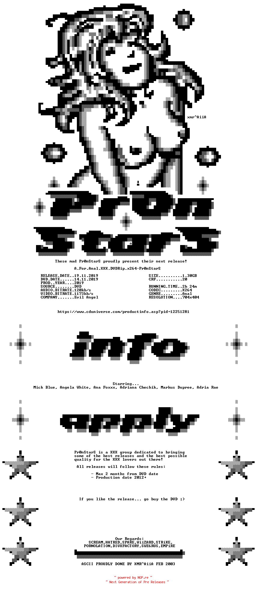 NFO for the release A.For.Anal.XXX.DVDRip.x264-Pr0nStarS by Pr0nStarS