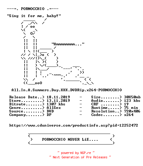 NFO for the release All.In.A.Summers.Day.XXX.DVDRip.x264-PORNOCCHIO by PORNOCCHIO
