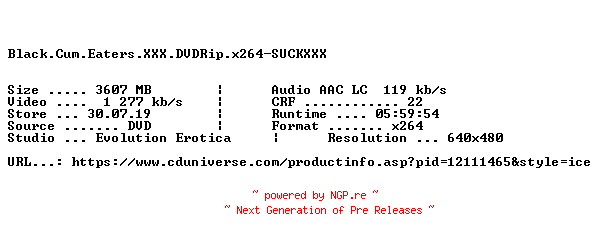 NFO for the release Black.Cum.Eaters.XXX.DVDRip.x264-SUCKXXX by SUCKXXX