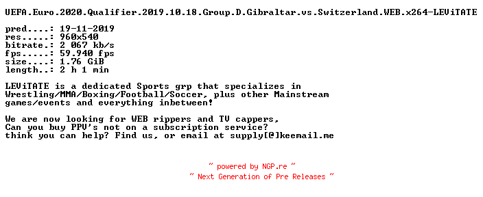 NFO for the release UEFA.Euro.2020.Qualifier.2019.10.18.Group.D.Gibraltar.vs.Switzerland.WEB.x264-LEViTATE by LEViTATE
