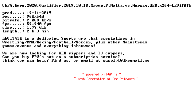 NFO for the release UEFA.Euro.2020.Qualifier.2019.10.18.Group.F.Malta.vs.Norway.WEB.x264-LEViTATE by LEViTATE