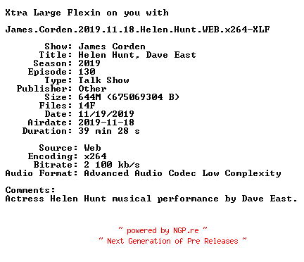 NFO for the release James.Corden.2019.11.18.Helen.Hunt.WEB.x264-XLF by XLF