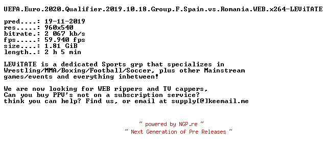 NFO for the release UEFA.Euro.2020.Qualifier.2019.10.18.Group.F.Spain.vs.Romania.WEB.x264-LEViTATE by LEViTATE