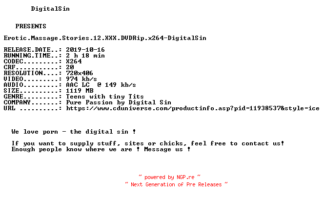 NFO for the release Erotic.Massage.Stories.12.XXX.DVDRip.x264-DigitalSin by DigitalSin