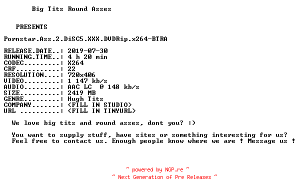 NFO for the release Pornstar.Ass.2.DiSC5.XXX.DVDRip.x264-BTRA by BTRA